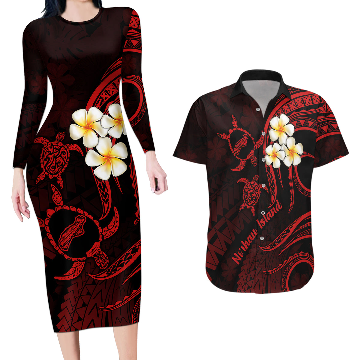 Polynesian Hawaii Couples Long Sleeve Bodycon Dress and Hawaiian Shirt Niihau Islands with Pacific Plumeria Red Vibe LT9 Red - Polynesian Pride