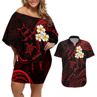 Polynesian Hawaii Couples Off Shoulder Short Dress and Hawaiian Shirt Niihau Islands with Pacific Plumeria Red Vibe LT9 Red - Polynesian Pride