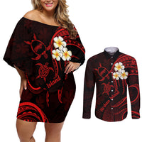 Polynesian Hawaii Couples Off Shoulder Short Dress and Long Sleeve Button Shirts Niihau Islands with Pacific Plumeria Red Vibe LT9 Red - Polynesian Pride