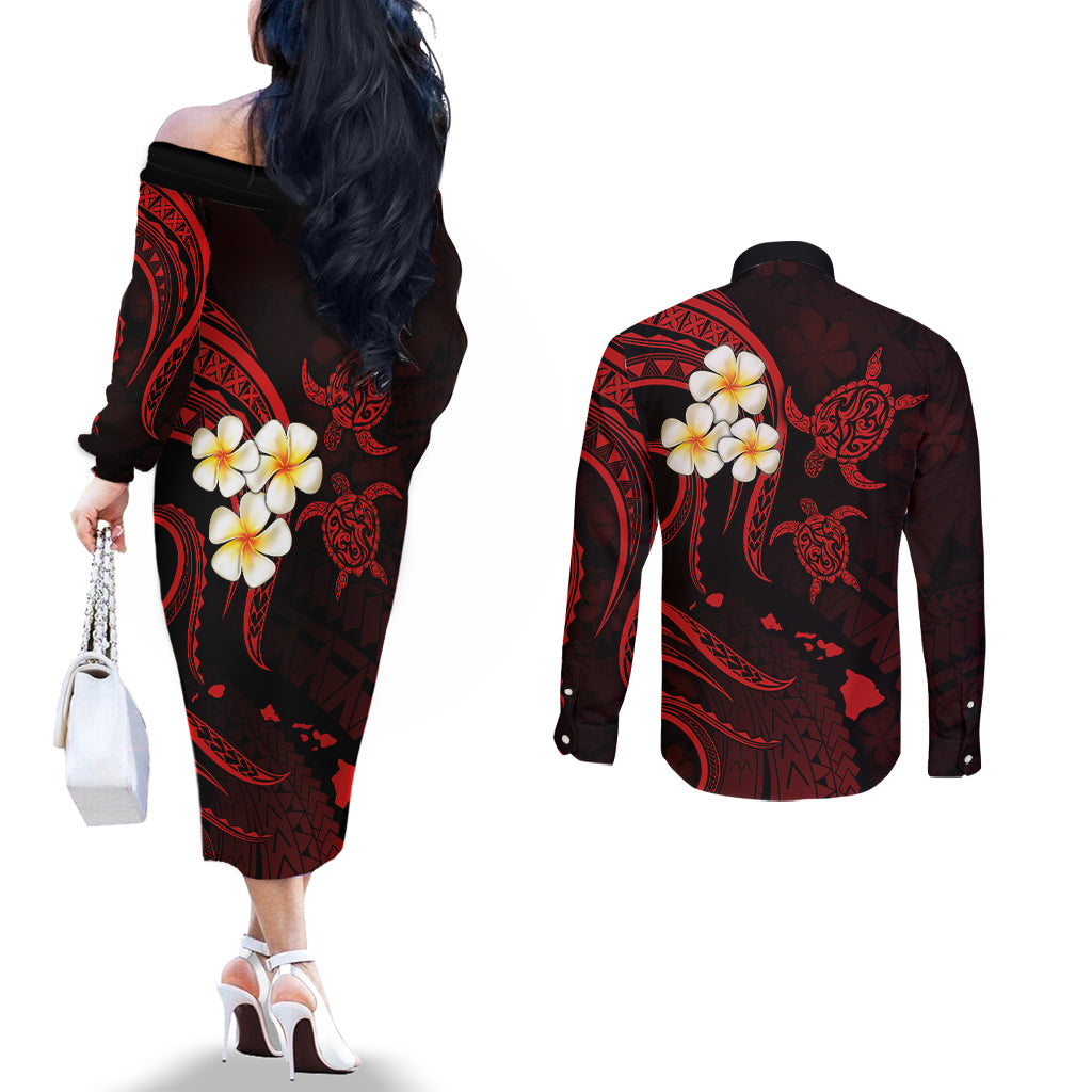 Polynesian Hawaii Couples Off The Shoulder Long Sleeve Dress and Long Sleeve Button Shirts Niihau Islands with Pacific Plumeria Red Vibe LT9 - Polynesian Pride