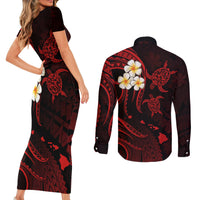 Polynesian Hawaii Couples Short Sleeve Bodycon Dress and Long Sleeve Button Shirts Niihau Islands with Pacific Plumeria Red Vibe LT9 - Polynesian Pride