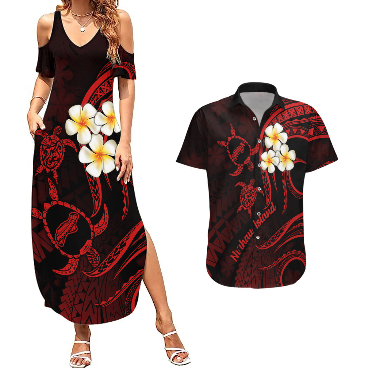 Polynesian Hawaii Couples Summer Maxi Dress and Hawaiian Shirt Niihau Islands with Pacific Plumeria Red Vibe LT9 Red - Polynesian Pride