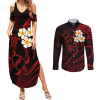 Polynesian Hawaii Couples Summer Maxi Dress and Long Sleeve Button Shirts Niihau Islands with Pacific Plumeria Red Vibe LT9 Red - Polynesian Pride