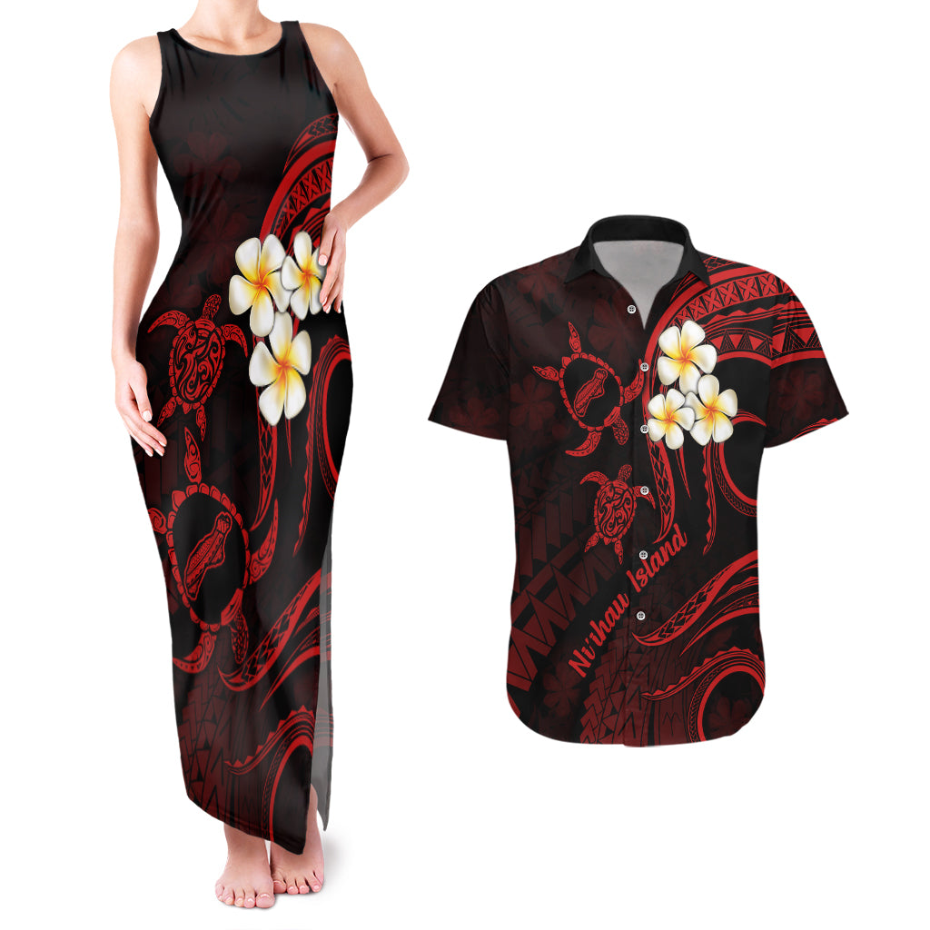 Polynesian Hawaii Couples Matching Tank Maxi Dress And Hawaiian Shirt Niihau Islands with Pacific Plumeria Red Vibe LT9 Red - Polynesian Pride
