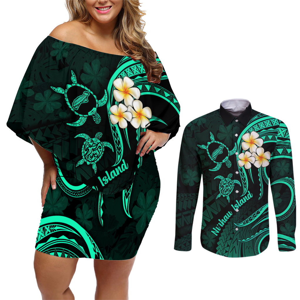 Polynesian Hawaii Couples Off Shoulder Short Dress and Long Sleeve Button Shirts Niihau Islands with Pacific Plumeria Turquoise Vibe LT9 Turquoise - Polynesian Pride
