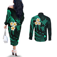 Polynesian Hawaii Couples Off The Shoulder Long Sleeve Dress and Long Sleeve Button Shirts Niihau Islands with Pacific Plumeria Turquoise Vibe LT9 - Polynesian Pride