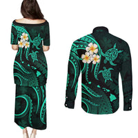Polynesian Hawaii Couples Puletasi Dress and Long Sleeve Button Shirts Niihau Islands with Pacific Plumeria Turquoise Vibe LT9 - Polynesian Pride