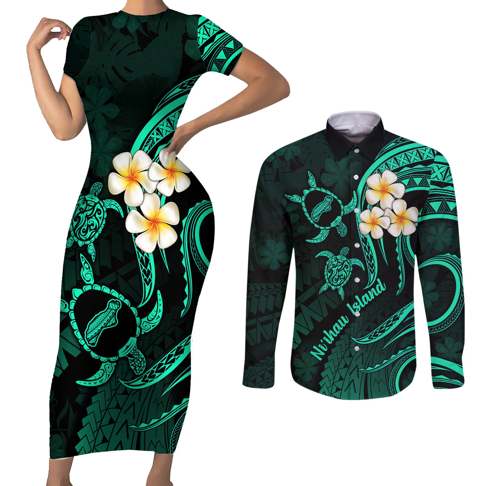 Polynesian Hawaii Couples Short Sleeve Bodycon Dress and Long Sleeve Button Shirts Niihau Islands with Pacific Plumeria Turquoise Vibe LT9 Turquoise - Polynesian Pride
