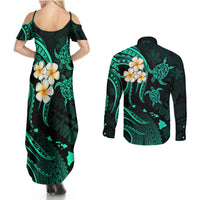 Polynesian Hawaii Couples Summer Maxi Dress and Long Sleeve Button Shirts Niihau Islands with Pacific Plumeria Turquoise Vibe LT9 - Polynesian Pride