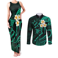 Polynesian Hawaii Couples Matching Tank Maxi Dress and Long Sleeve Button Shirts Niihau Islands with Pacific Plumeria Turquoise Vibe LT9 Turquoise - Polynesian Pride