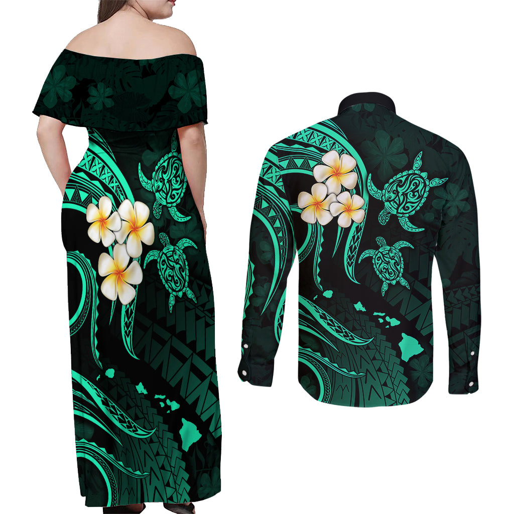 Polynesian Hawaii Couples Off Shoulder Maxi Dress and Long Sleeve Button Shirts Niihau Islands with Pacific Plumeria Turquoise Vibe LT9 - Polynesian Pride