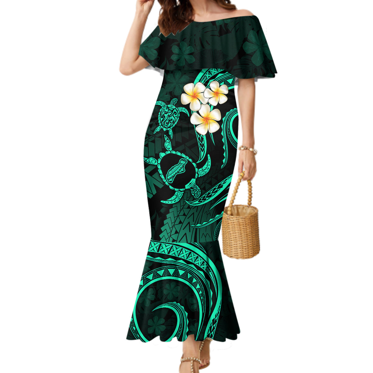 Polynesian Hawaii Mermaid Dress Niihau Islands with Pacific Plumeria Turquoise Vibe LT9 Women Turquoise - Polynesian Pride