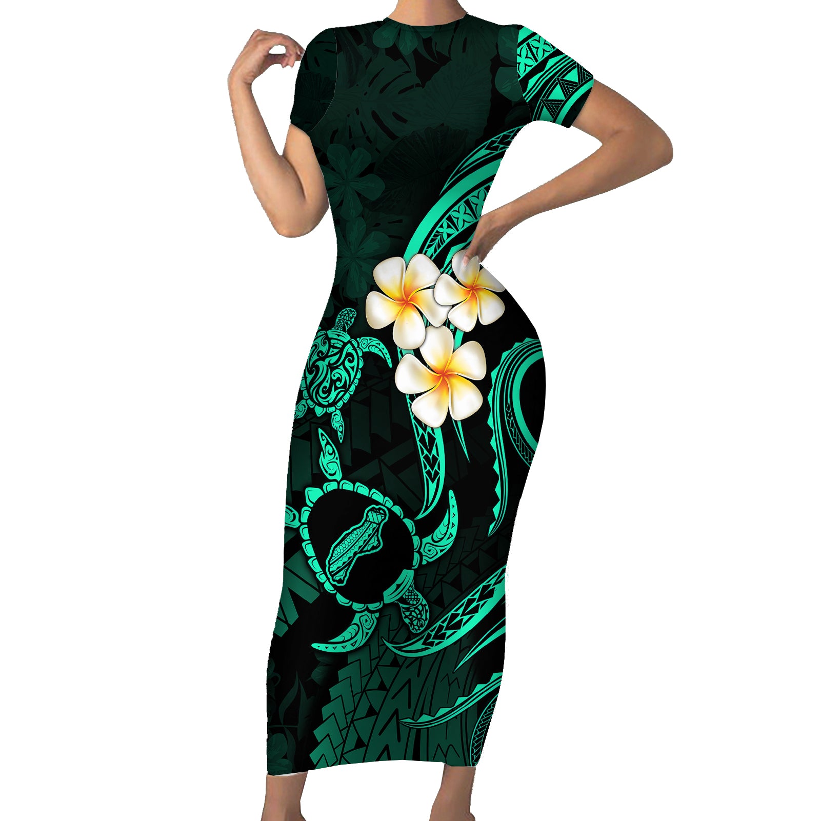 Polynesian Hawaii Short Sleeve Bodycon Dress Niihau Islands with Pacific Plumeria Turquoise Vibe LT9 Long Dress Turquoise - Polynesian Pride