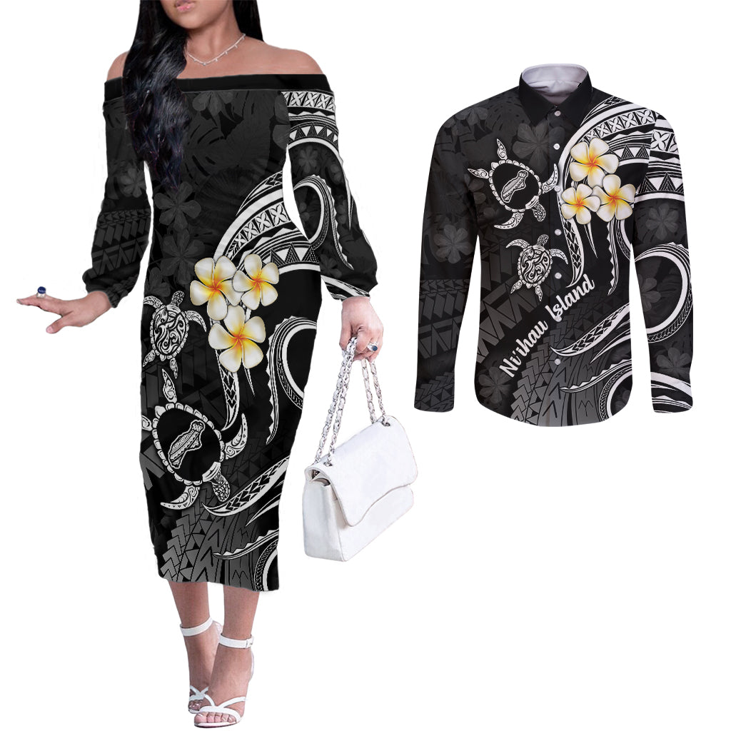 Polynesian Hawaii Couples Off The Shoulder Long Sleeve Dress and Long Sleeve Button Shirts Niihau Islands with Pacific Plumeria White Vibe LT9 White - Polynesian Pride