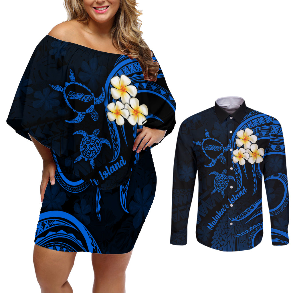 Hawaii Couples Off Shoulder Short Dress and Long Sleeve Button Shirts Molokai Islands Polynesian Sunset Plumeria Blue Vibe LT9 Blue - Polynesian Pride
