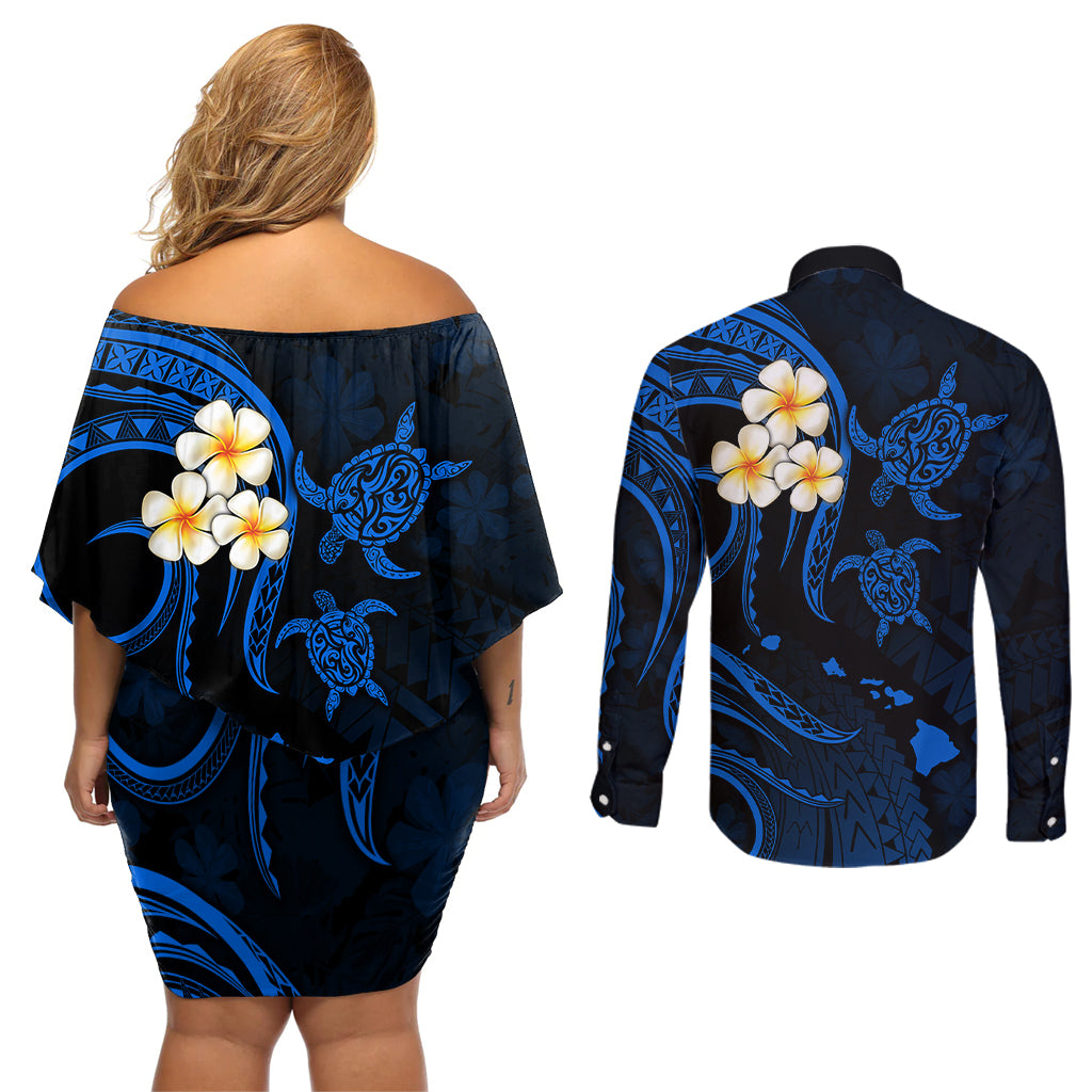 Hawaii Couples Off Shoulder Short Dress and Long Sleeve Button Shirts Molokai Islands Polynesian Sunset Plumeria Blue Vibe LT9 - Polynesian Pride