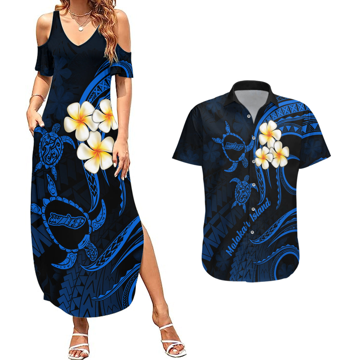 Hawaii Couples Summer Maxi Dress and Hawaiian Shirt Molokai Islands Polynesian Sunset Plumeria Blue Vibe LT9 Blue - Polynesian Pride