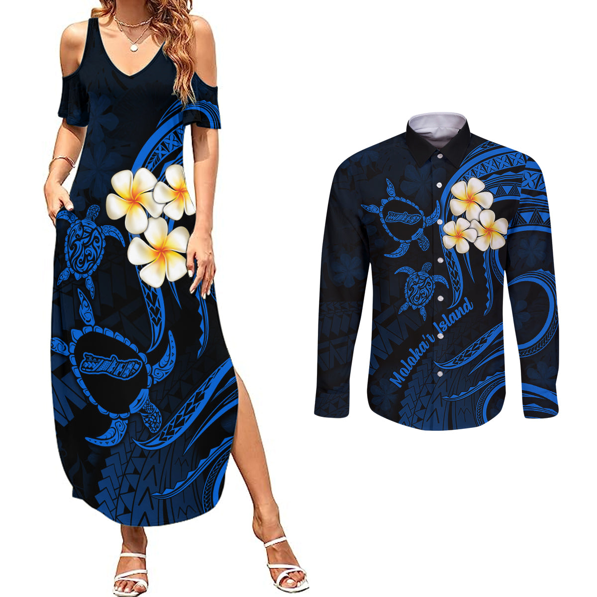 Hawaii Couples Summer Maxi Dress and Long Sleeve Button Shirts Molokai Islands Polynesian Sunset Plumeria Blue Vibe LT9 Blue - Polynesian Pride