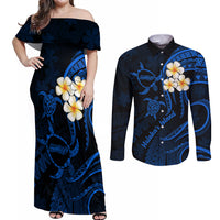 Hawaii Couples Off Shoulder Maxi Dress and Long Sleeve Button Shirts Molokai Islands Polynesian Sunset Plumeria Blue Vibe LT9 Blue - Polynesian Pride