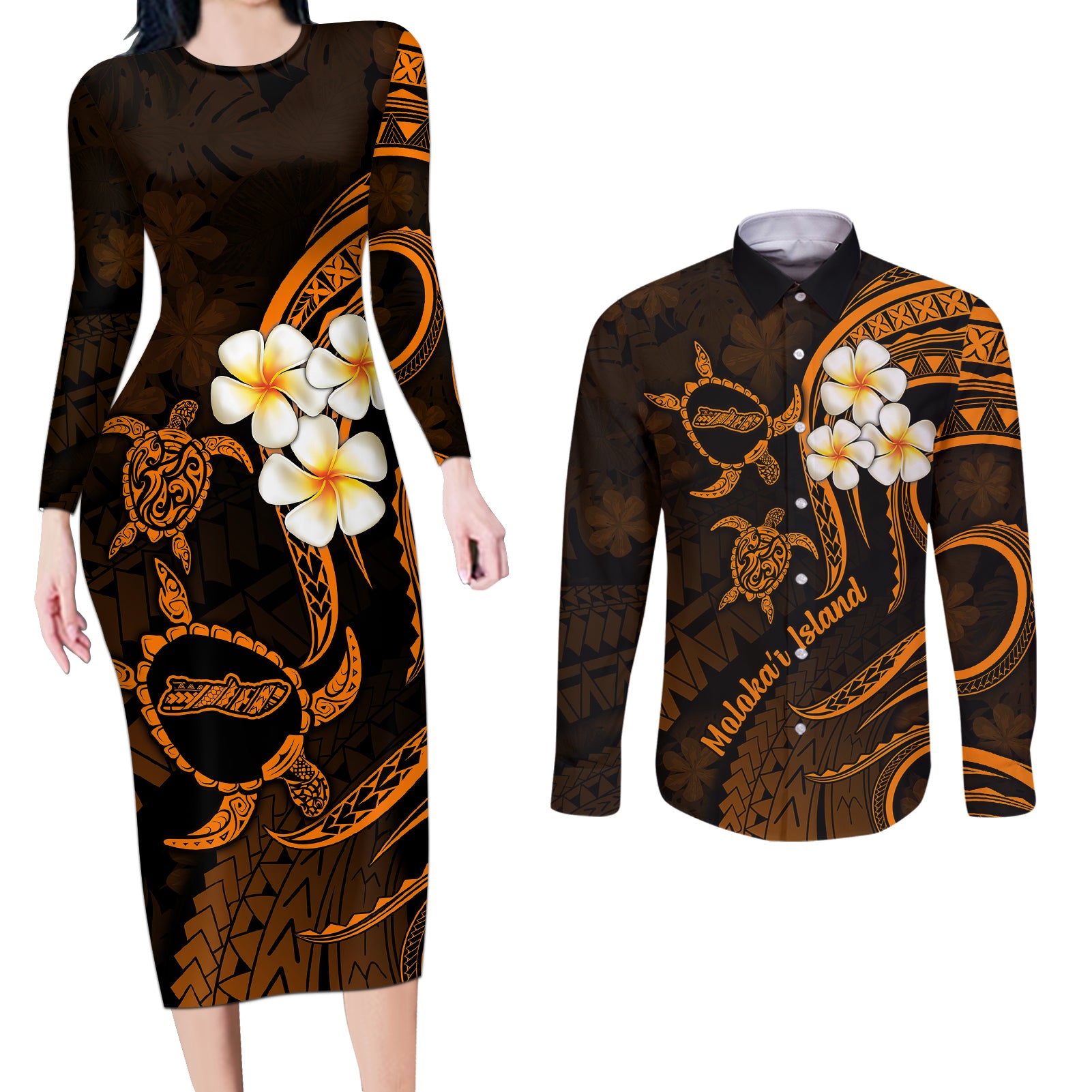 Hawaii Couples Long Sleeve Bodycon Dress and Long Sleeve Button Shirts Molokai Islands Polynesian Sunset Plumeria Gold Vibe LT9 Gold - Polynesian Pride