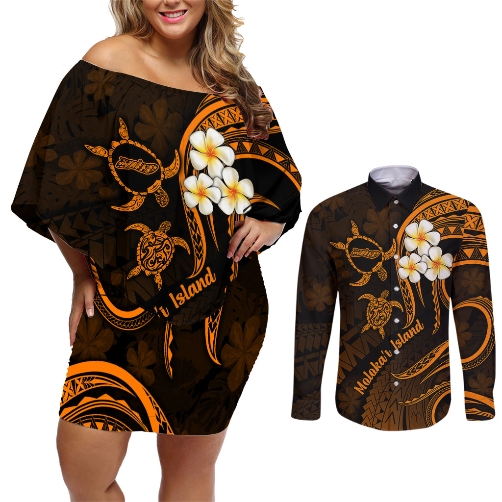 Hawaii Couples Off Shoulder Short Dress and Long Sleeve Button Shirts Molokai Islands Polynesian Sunset Plumeria Gold Vibe LT9 Gold - Polynesian Pride
