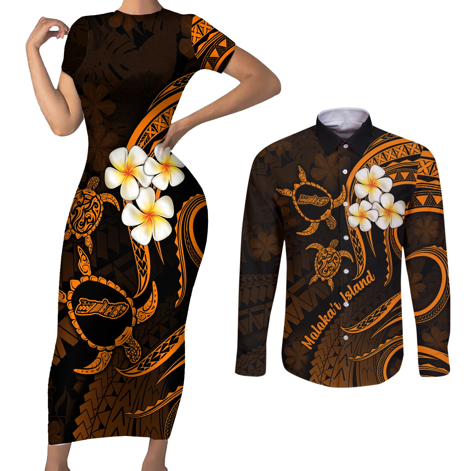 Hawaii Couples Short Sleeve Bodycon Dress and Long Sleeve Button Shirts Molokai Islands Polynesian Sunset Plumeria Gold Vibe LT9 Gold - Polynesian Pride