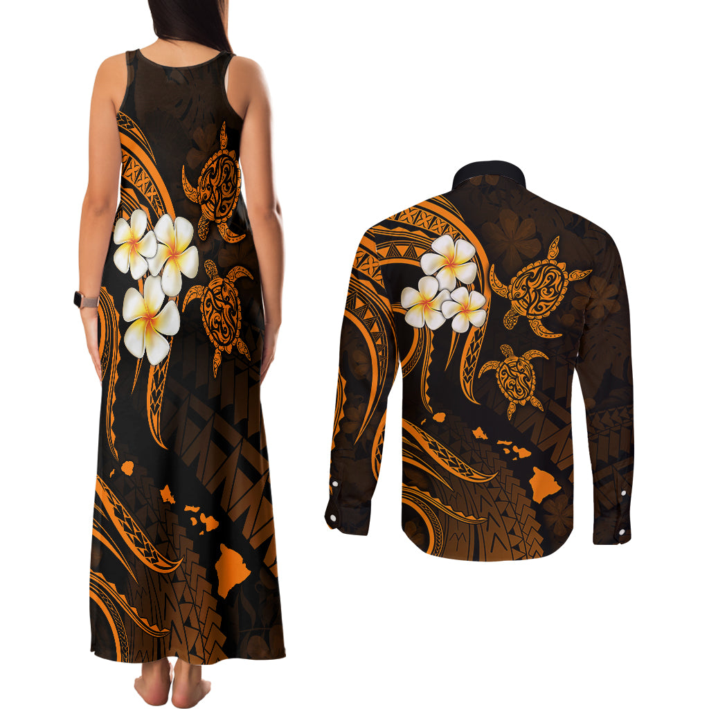 Hawaii Couples Matching Tank Maxi Dress and Long Sleeve Button Shirts Molokai Islands Polynesian Sunset Plumeria Gold Vibe LT9 - Polynesian Pride