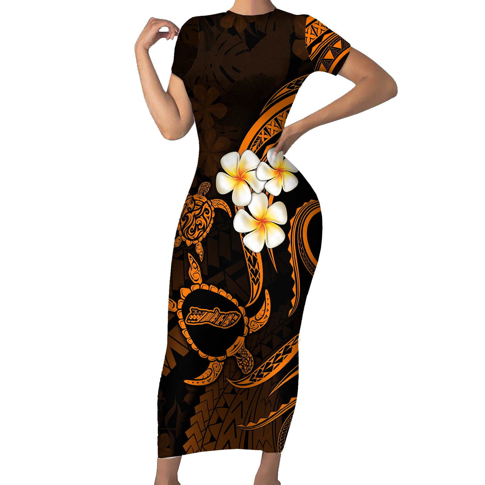 Hawaii Short Sleeve Bodycon Dress Molokai Islands Polynesian Sunset Plumeria Gold Vibe LT9 Long Dress Gold - Polynesian Pride