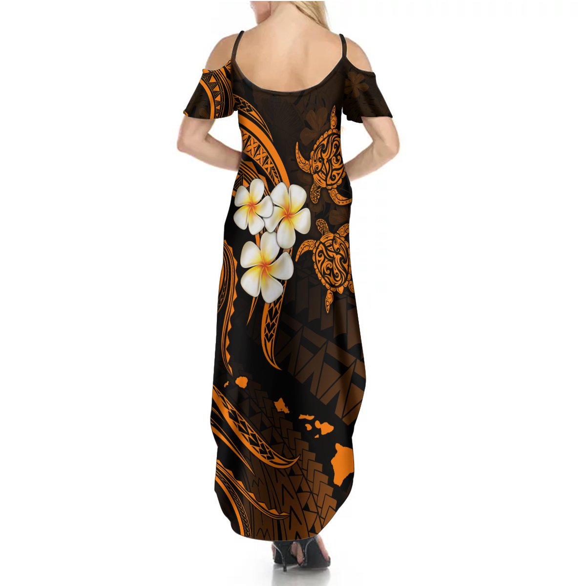 Hawaii Summer Maxi Dress Molokai Islands Polynesian Sunset Plumeria Gold Vibe LT9 - Polynesian Pride
