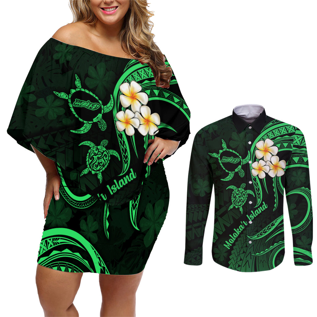 Hawaii Couples Off Shoulder Short Dress and Long Sleeve Button Shirts Molokai Islands Polynesian Sunset Plumeria Green Vibe LT9 Green - Polynesian Pride