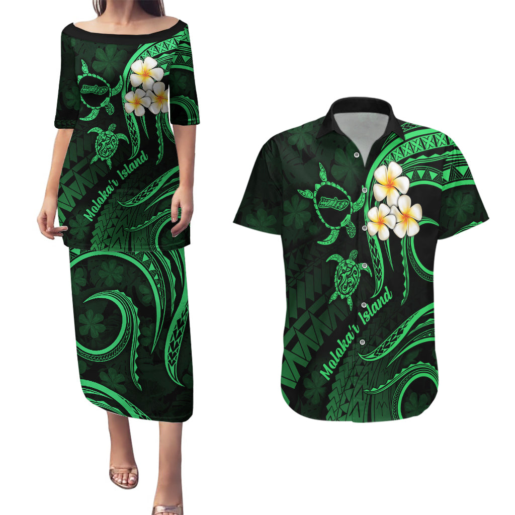 Hawaii Couples Puletasi Dress and Hawaiian Shirt Molokai Islands Polynesian Sunset Plumeria Green Vibe LT9 Green - Polynesian Pride