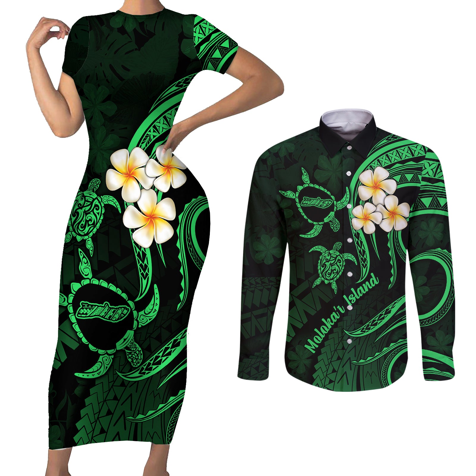 Hawaii Couples Short Sleeve Bodycon Dress and Long Sleeve Button Shirts Molokai Islands Polynesian Sunset Plumeria Green Vibe LT9 Green - Polynesian Pride