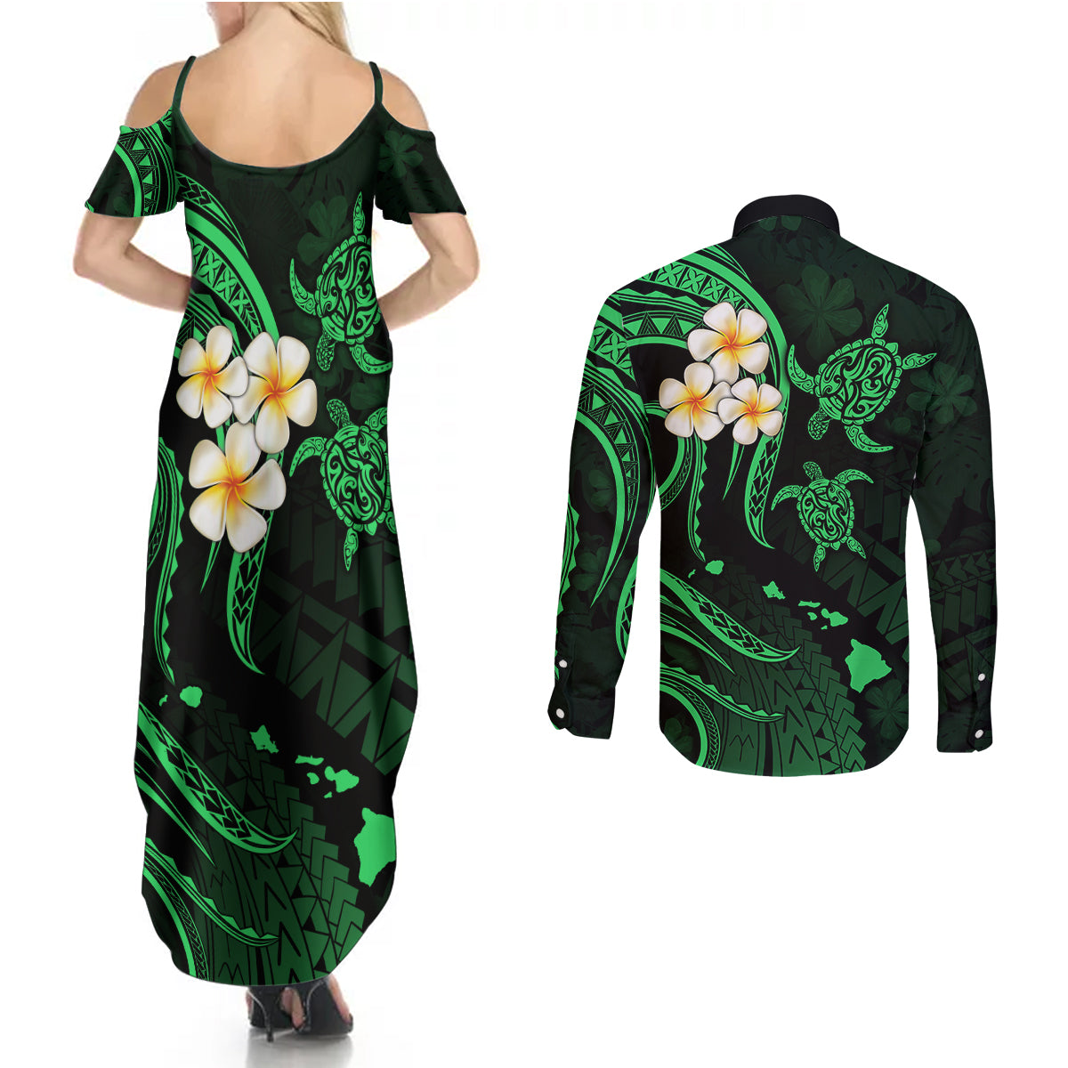 Hawaii Couples Summer Maxi Dress and Long Sleeve Button Shirts Molokai Islands Polynesian Sunset Plumeria Green Vibe LT9 - Polynesian Pride