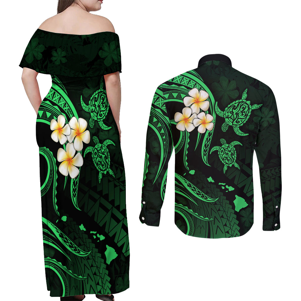 Hawaii Couples Off Shoulder Maxi Dress and Long Sleeve Button Shirts Molokai Islands Polynesian Sunset Plumeria Green Vibe LT9 - Polynesian Pride