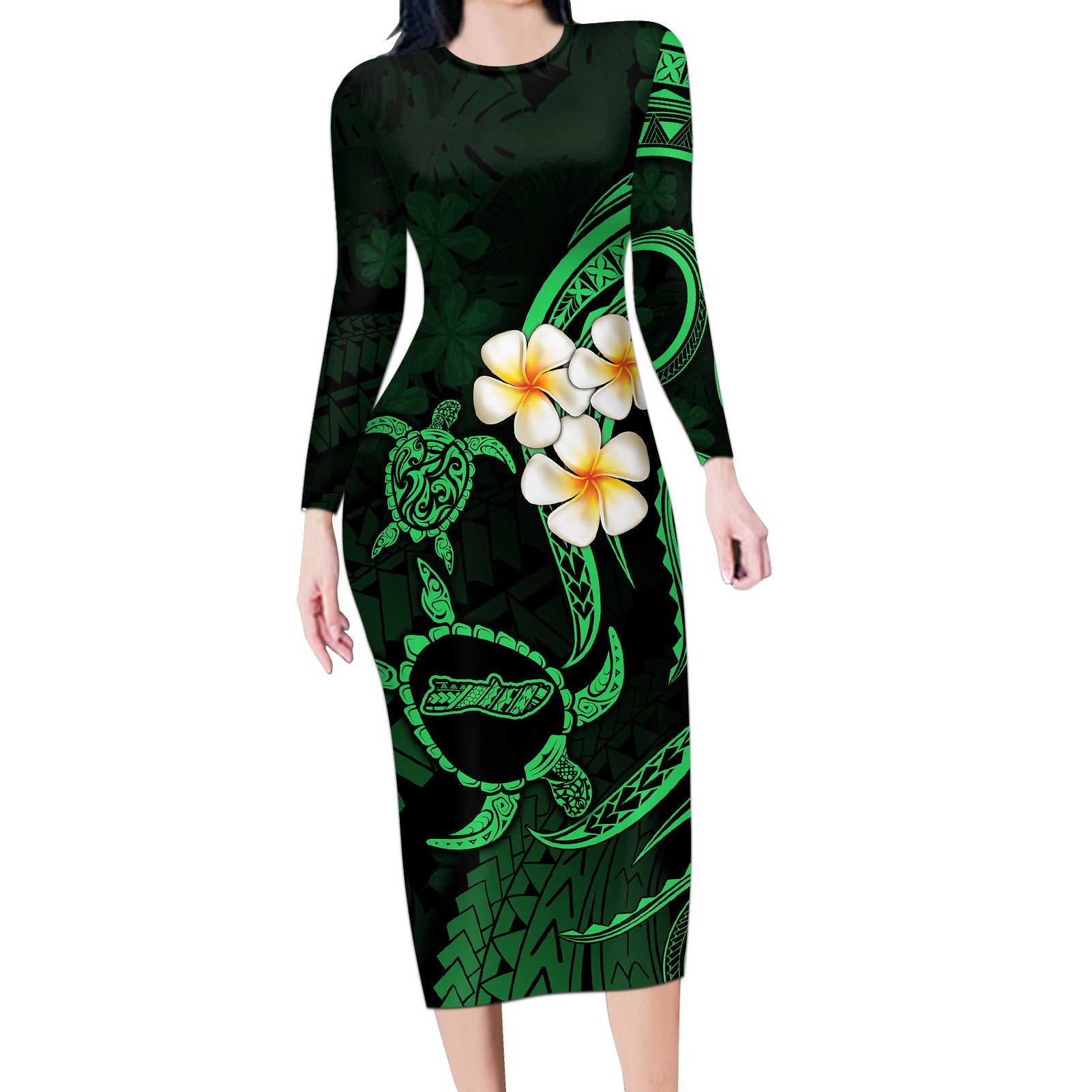 Hawaii Long Sleeve Bodycon Dress Molokai Islands Polynesian Sunset Plumeria Green Vibe LT9 Long Dress Green - Polynesian Pride