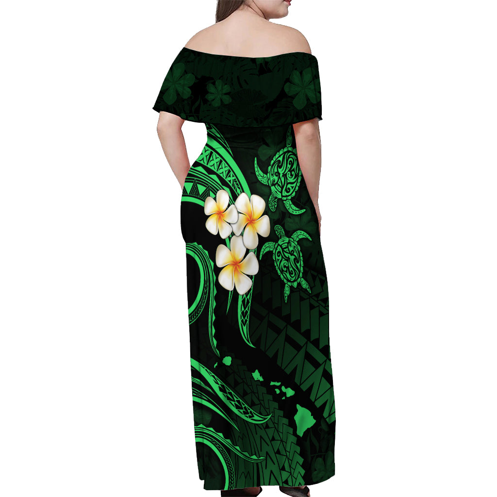 Hawaii Off Shoulder Maxi Dress Molokai Islands Polynesian Sunset Plumeria Green Vibe LT9 - Polynesian Pride