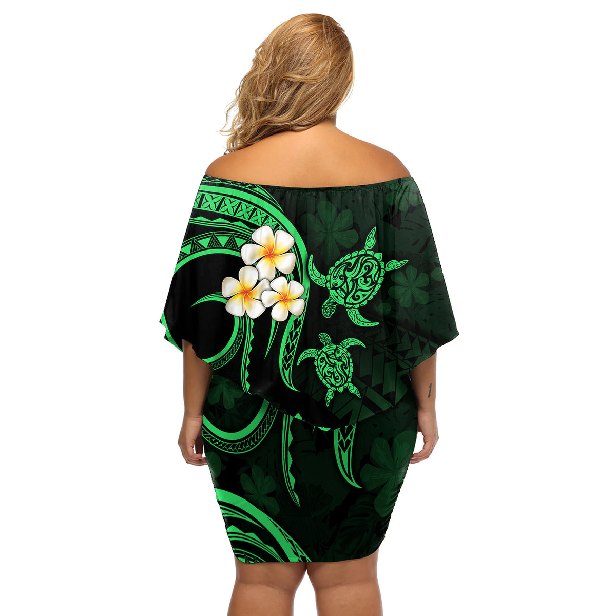 Hawaii Off Shoulder Short Dress Molokai Islands Polynesian Sunset Plumeria Green Vibe LT9 - Polynesian Pride