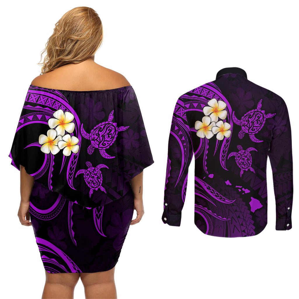 Polynesian Hawaii Couples Off Shoulder Short Dress and Long Sleeve Button Shirts Molokai Islands with Pacific Plumeria Purple Vibe LT9 - Polynesian Pride