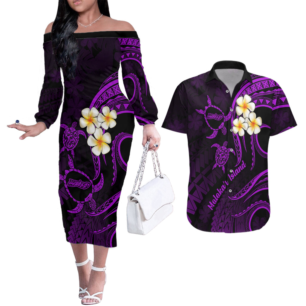 Polynesian Hawaii Couples Off The Shoulder Long Sleeve Dress and Hawaiian Shirt Molokai Islands with Pacific Plumeria Purple Vibe LT9 Purple - Polynesian Pride