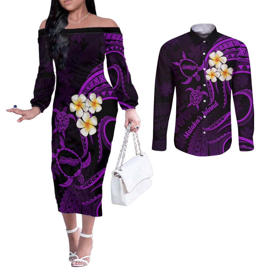Polynesian Hawaii Couples Off The Shoulder Long Sleeve Dress and Long Sleeve Button Shirts Molokai Islands with Pacific Plumeria Purple Vibe LT9 Purple - Polynesian Pride