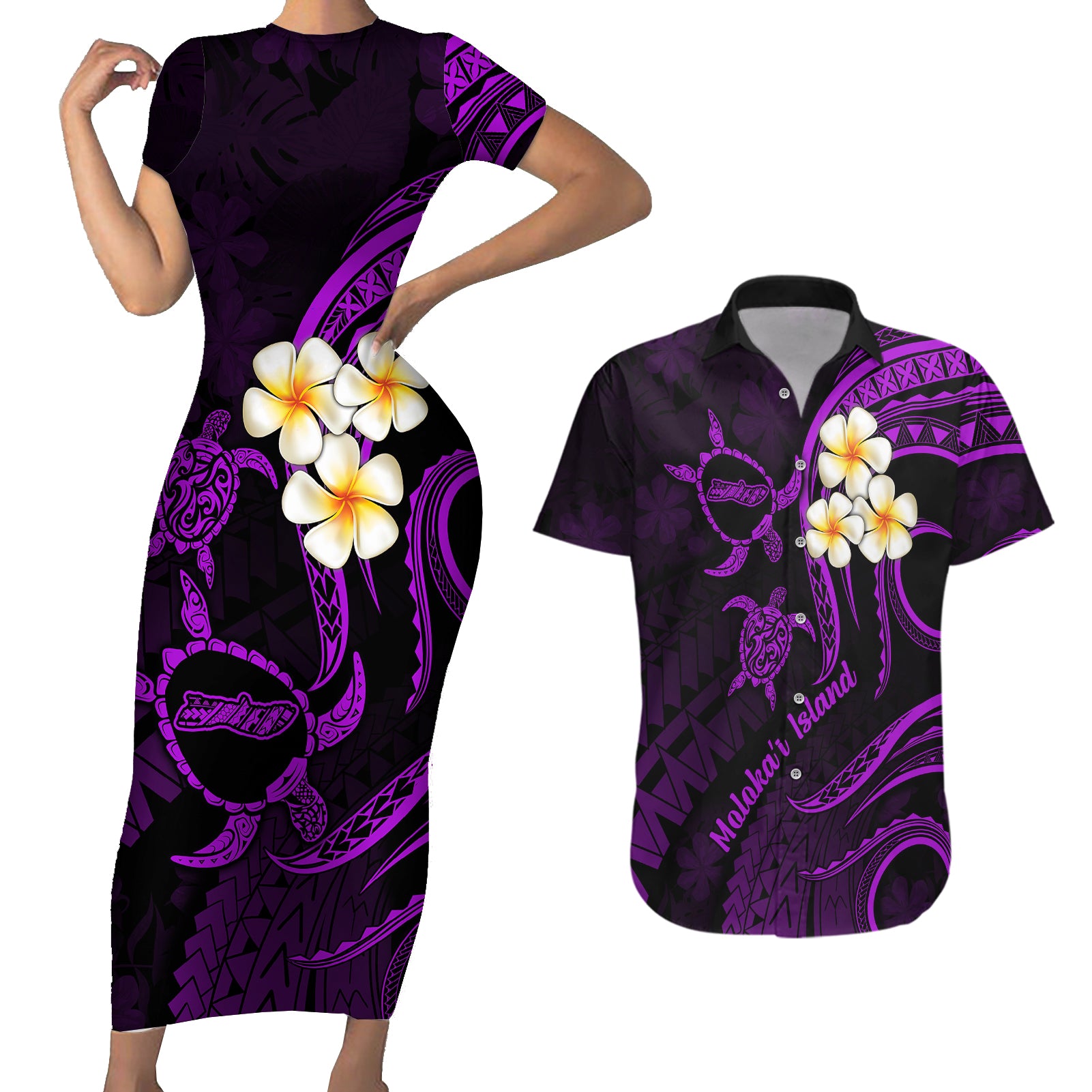 Polynesian Hawaii Couples Short Sleeve Bodycon Dress and Hawaiian Shirt Molokai Islands with Pacific Plumeria Purple Vibe LT9 Purple - Polynesian Pride