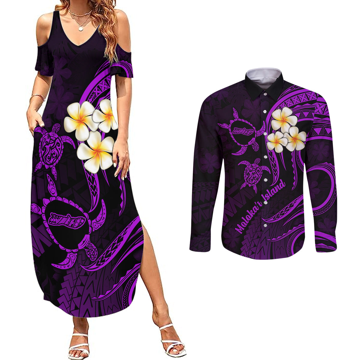 Polynesian Hawaii Couples Summer Maxi Dress and Long Sleeve Button Shirts Molokai Islands with Pacific Plumeria Purple Vibe LT9 Purple - Polynesian Pride