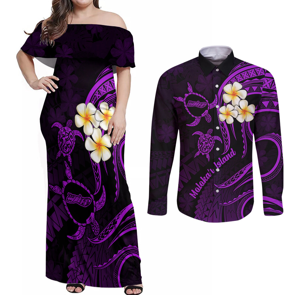 Polynesian Hawaii Couples Off Shoulder Maxi Dress and Long Sleeve Button Shirts Molokai Islands with Pacific Plumeria Purple Vibe LT9 Purple - Polynesian Pride