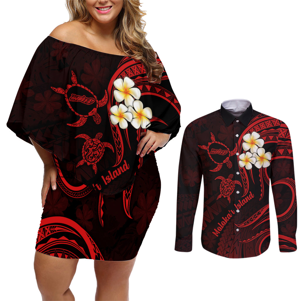 Polynesian Hawaii Couples Off Shoulder Short Dress and Long Sleeve Button Shirts Molokai Islands with Pacific Plumeria Red Vibe LT9 Red - Polynesian Pride