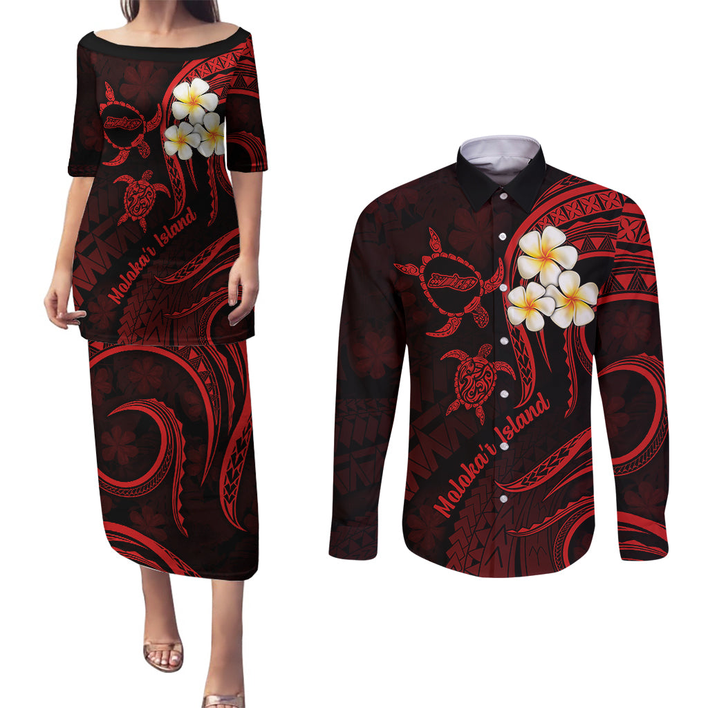 Polynesian Hawaii Couples Puletasi Dress and Long Sleeve Button Shirts Molokai Islands with Pacific Plumeria Red Vibe LT9 Red - Polynesian Pride