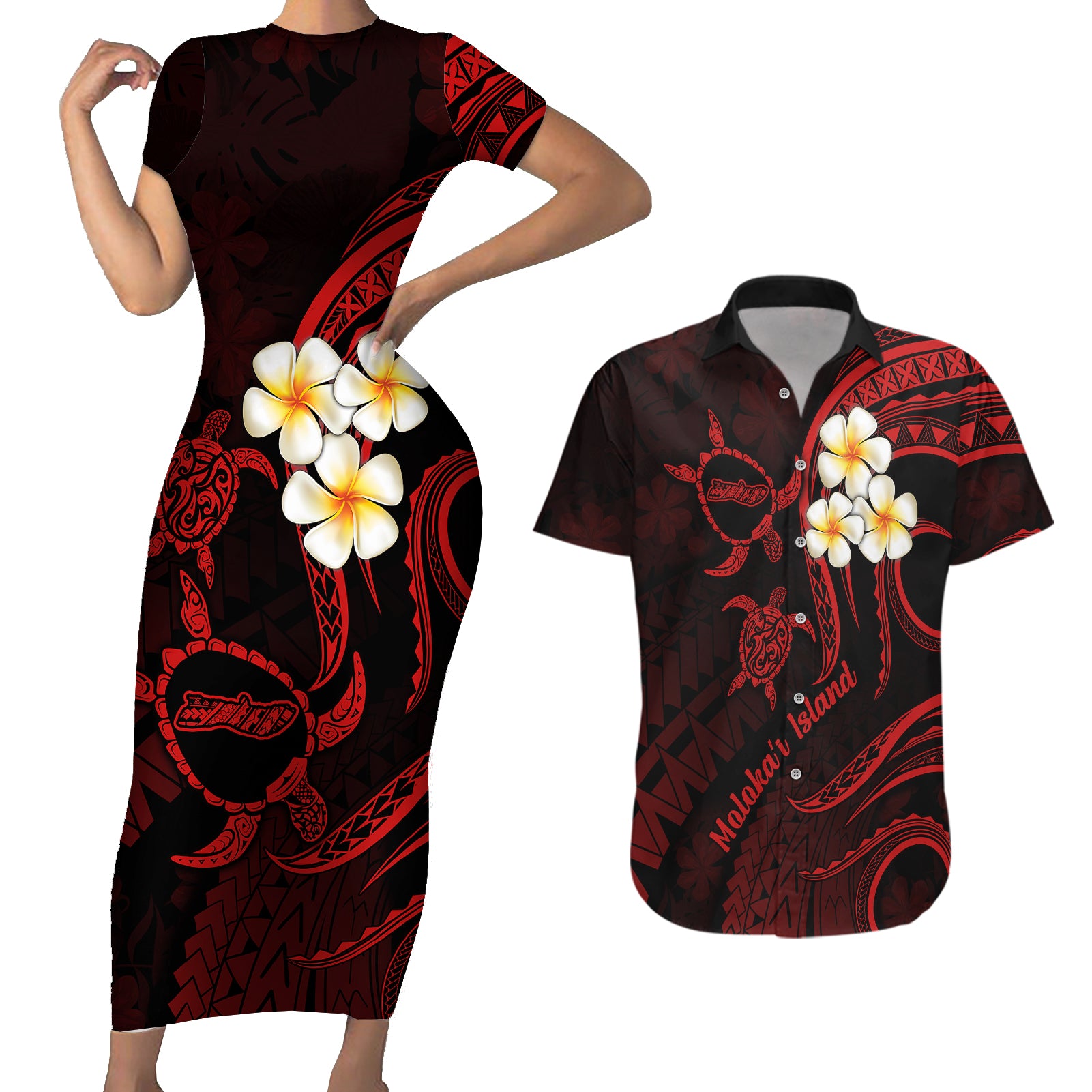 Polynesian Hawaii Couples Short Sleeve Bodycon Dress and Hawaiian Shirt Molokai Islands with Pacific Plumeria Red Vibe LT9 Red - Polynesian Pride