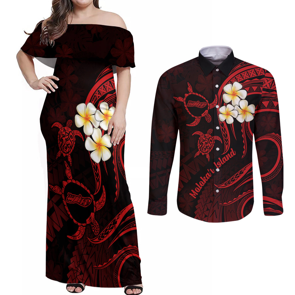 Polynesian Hawaii Couples Off Shoulder Maxi Dress and Long Sleeve Button Shirts Molokai Islands with Pacific Plumeria Red Vibe LT9 Red - Polynesian Pride