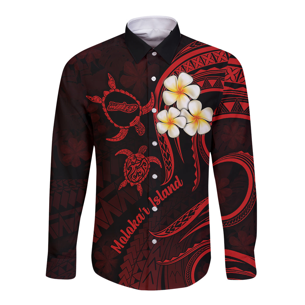 Polynesian Hawaii Long Sleeve Button Shirt Molokai Islands with Pacific Plumeria Red Vibe LT9 Unisex Red - Polynesian Pride