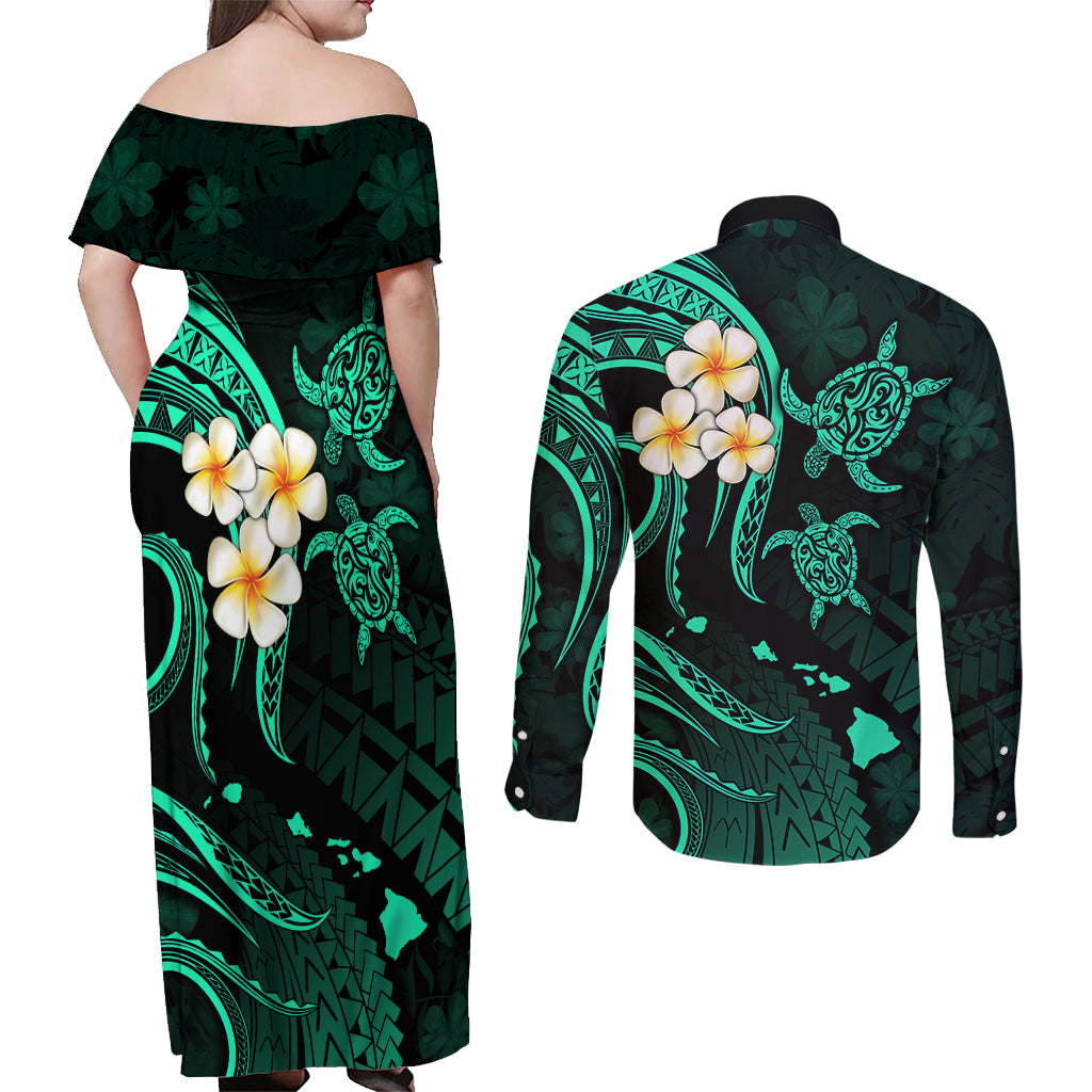 Polynesian Hawaii Couples Off Shoulder Maxi Dress and Long Sleeve Button Shirts Molokai Islands with Pacific Plumeria Turquoise Vibe LT9 - Polynesian Pride