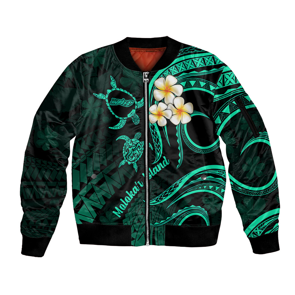 Polynesian Hawaii Sleeve Zip Bomber Jacket Molokai Islands with Pacific Plumeria Turquoise Vibe LT9 Unisex Turquoise - Polynesian Pride